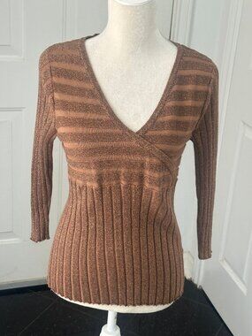 August Silk Copper Metallic Ribbed Surplice Sweater M